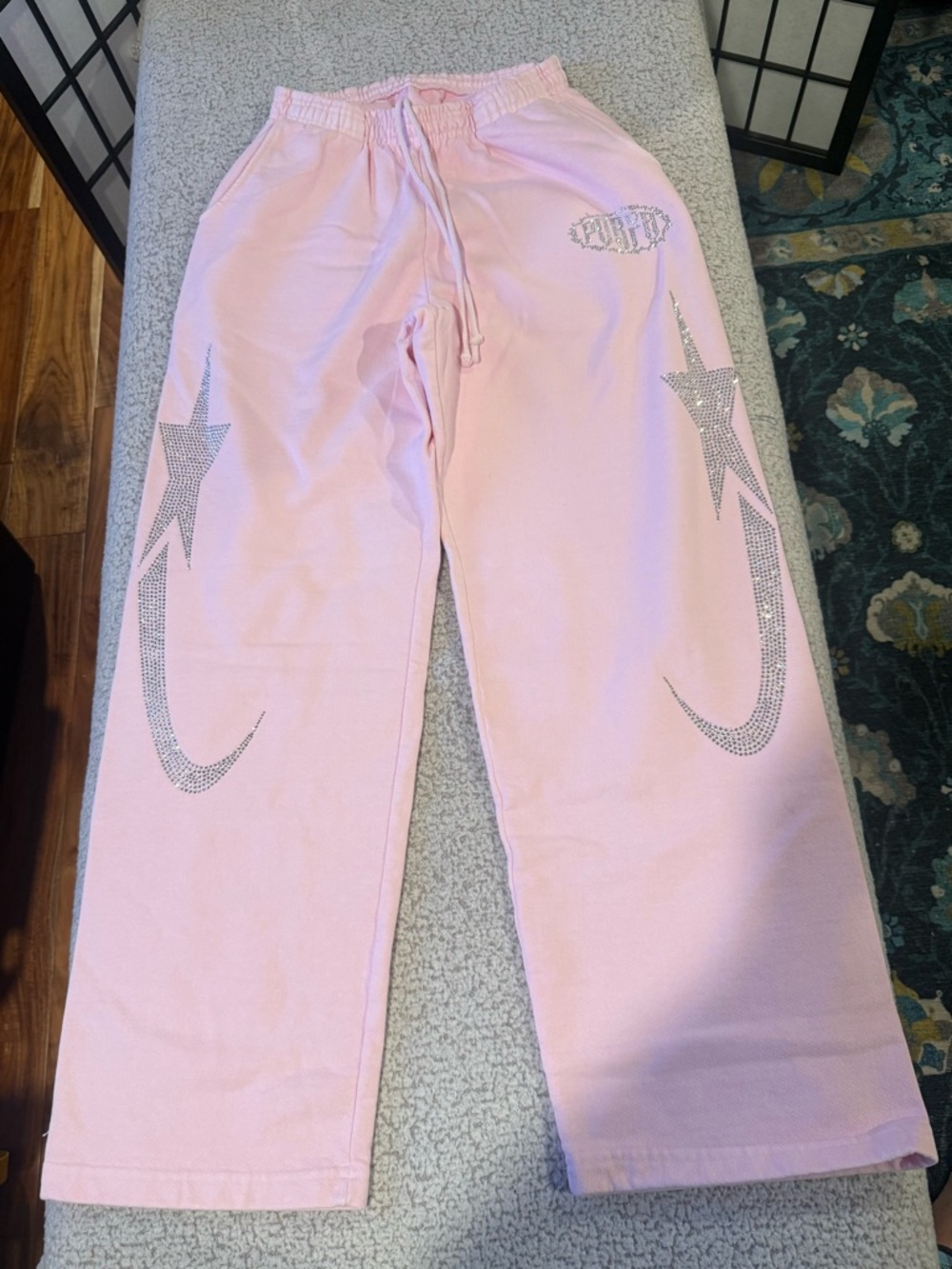 Porto Pink Rhinestone‎ Sweatpants Women’s Wide Leg Lounge Pants NWT Y2K Bling